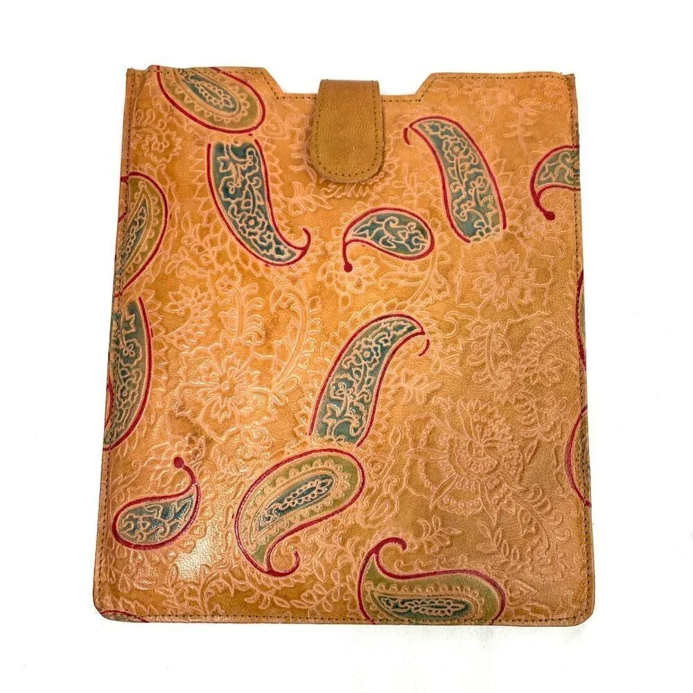 Tooled Faux Leather Paisley Tablet Case - Tan/Green/Red, 10.5